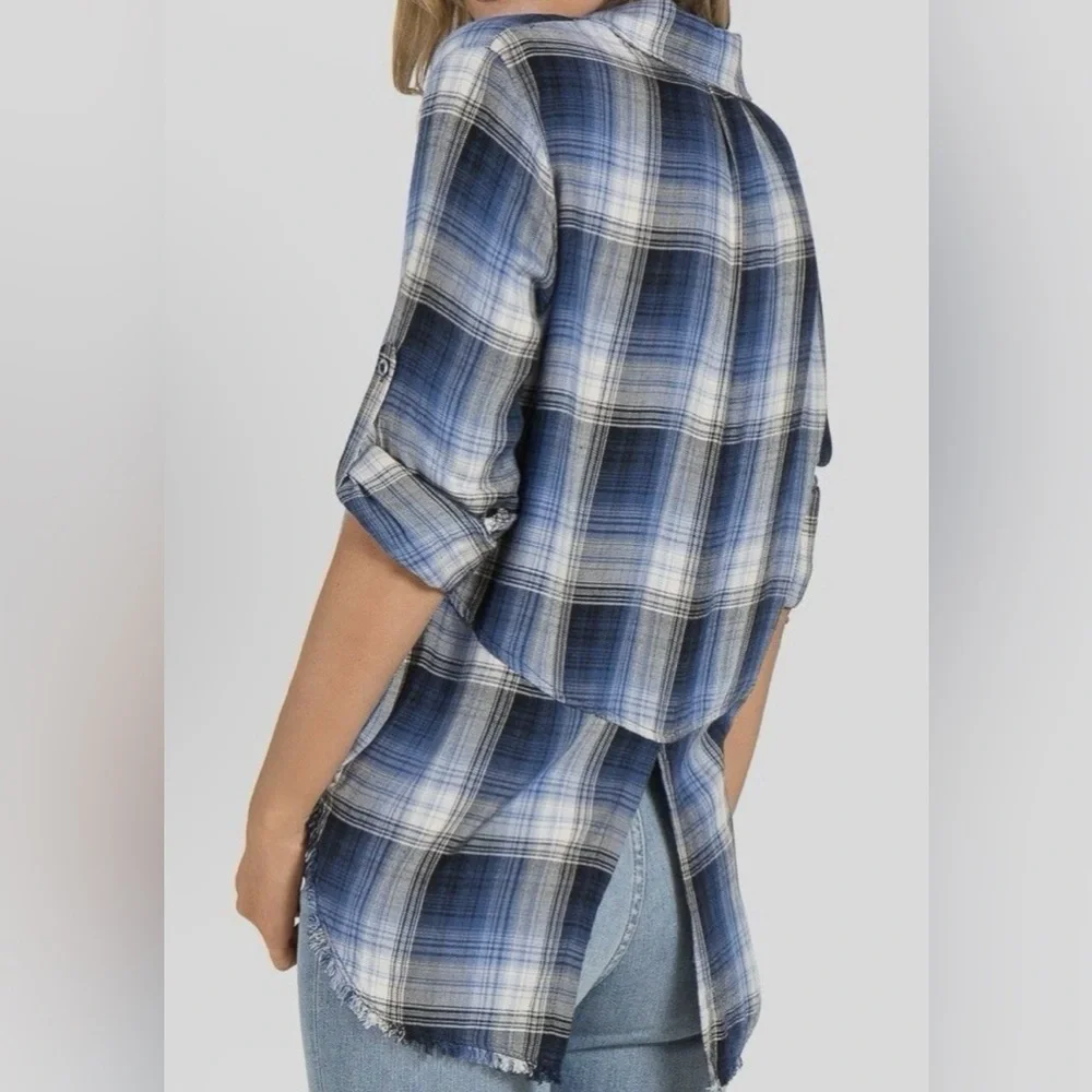 Cloth & Stone Blue and Black Plaid Oversized Button Down Blouse - Size XS
